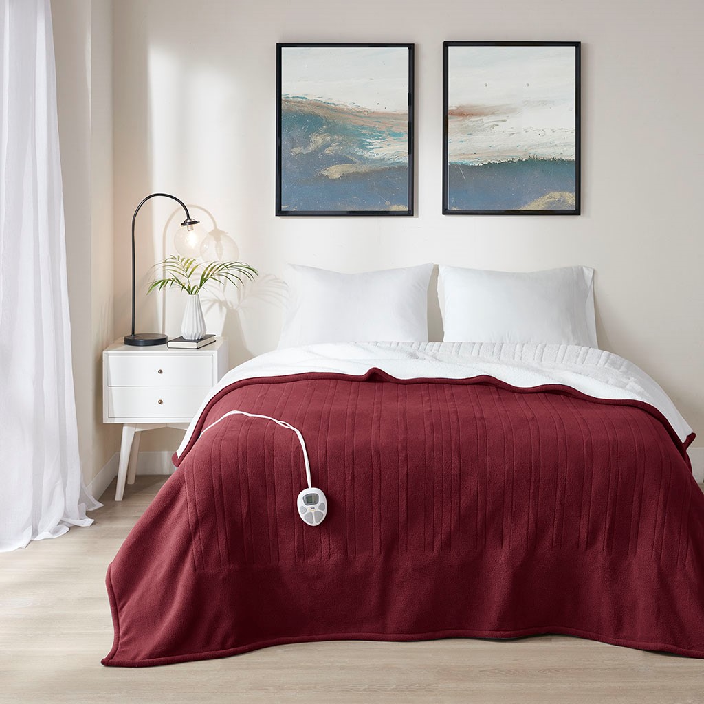 ST54-0142 100 Percent Polyester Fleece to Sherpa Heated Blanket, Burgundy - Full Size -  Serta