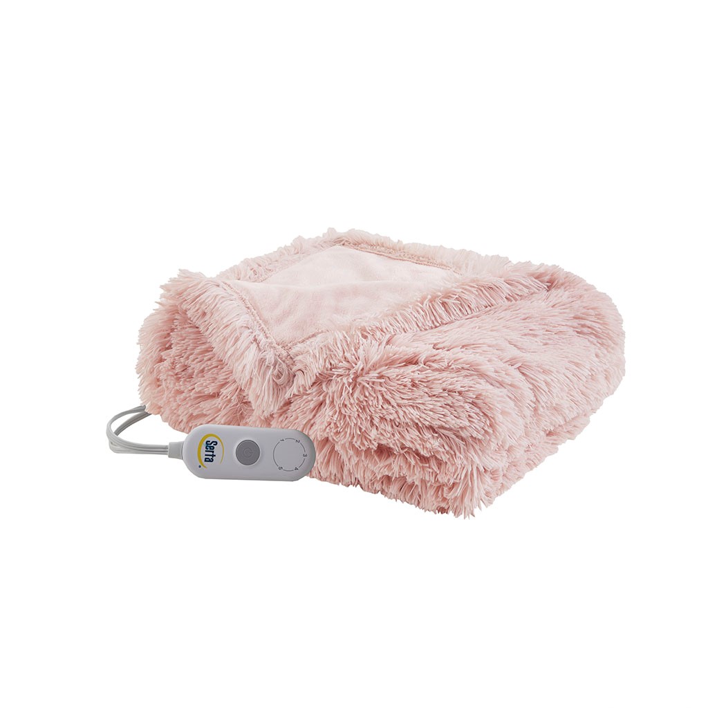 ST54-0152 100 Percent Polyester Shaggy Fur Heated Throw, Blush - 50 x 60 in -  Serta