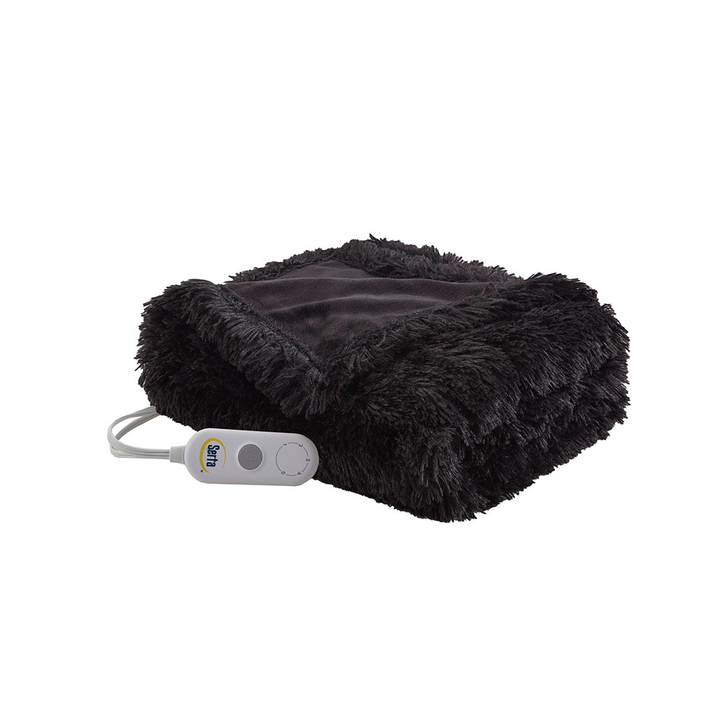 ST54-0153 100 Percent Polyester Shaggy Fur Heated Throw, Black - 50 x 60 in -  Serta