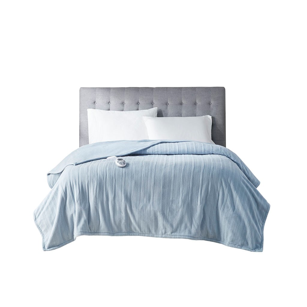 ST54-0174 100 Percent Polyester Tri-rib Fleece Heated Blanket, Blue - Twin Size -  Serta