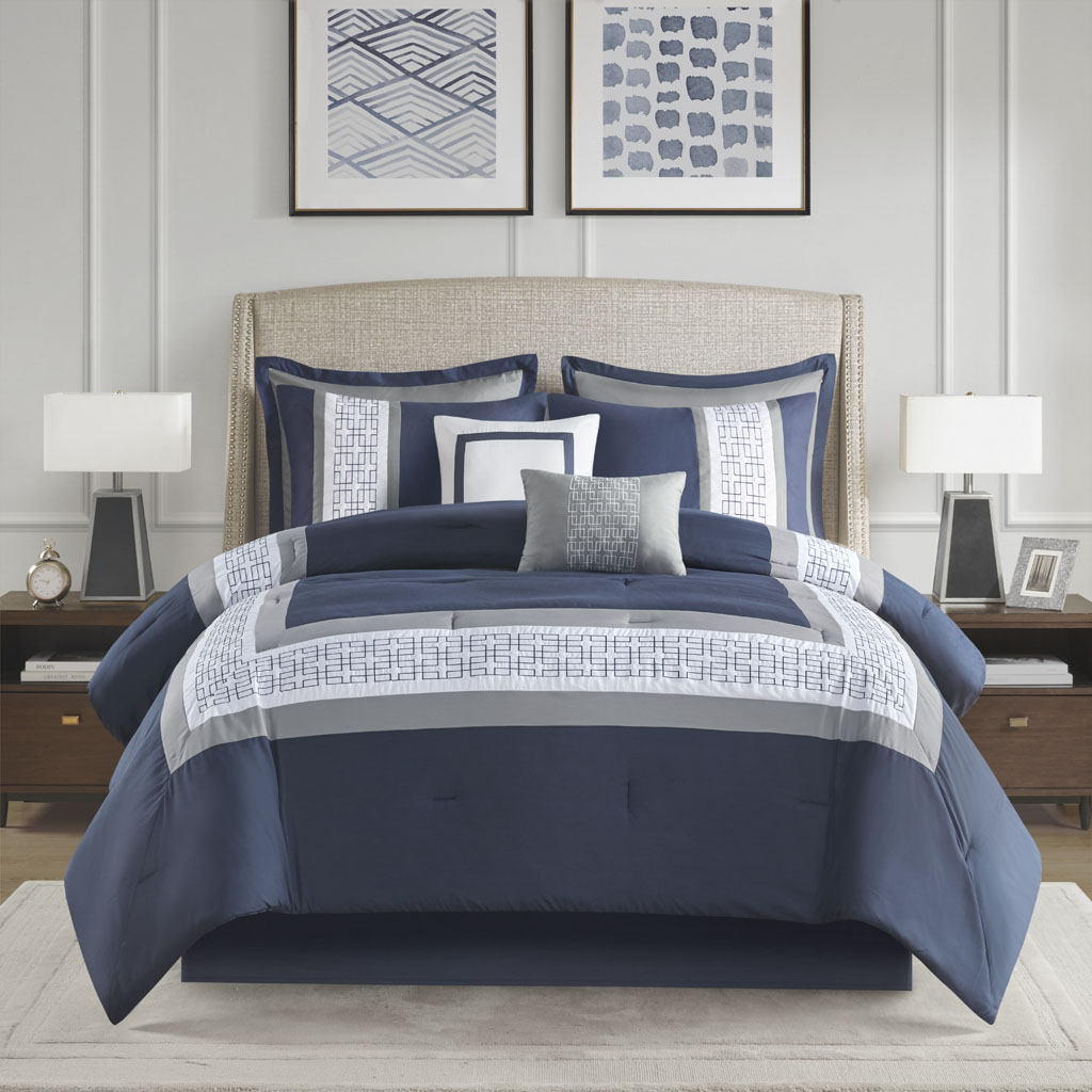 Picture of 510 Design 5DS10-0277 90 x 90 x 1.5 in. Powell Embroidered Comforter Set&#44; Navy - Queen Size - 8 Piece