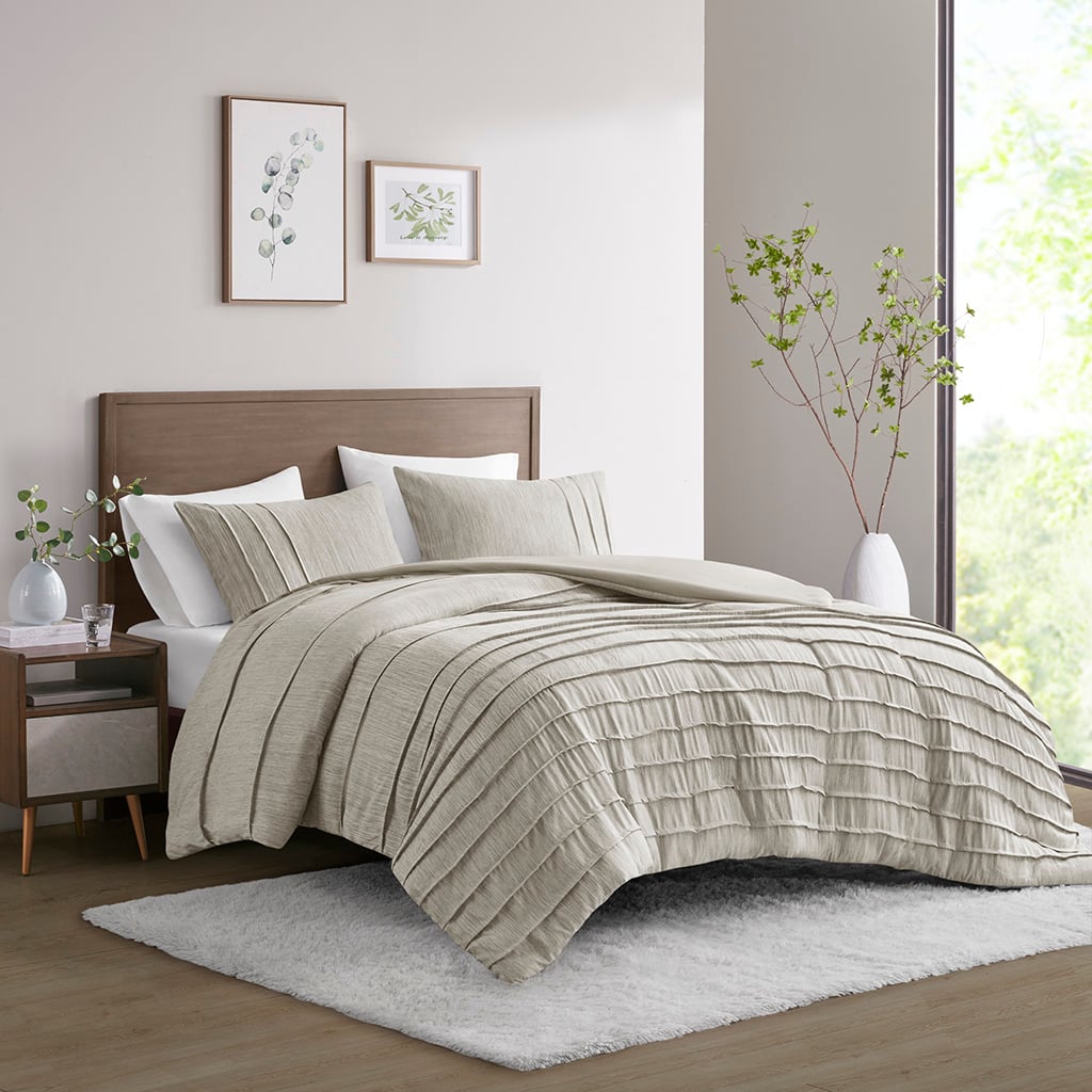 BR10-3868 92 x 94 x 1.5 in. Maddox Striated Cationic Dyed Oversized Comforter Set with Pleats, Natural - Full & Queen Size - 3 Piece -  Beautyrest