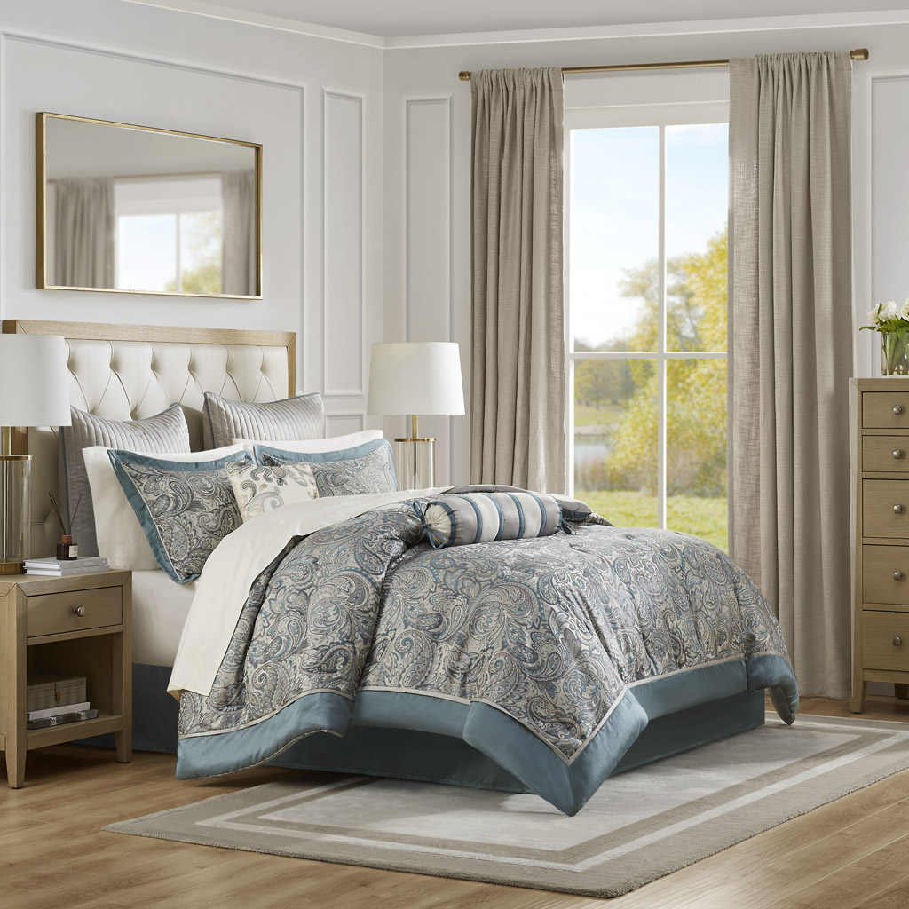 106 x 92 x 1.5 in. Aubrey Comforter Set with Cotton Bed Sheets - Teal - California King Size - 12 Piece
