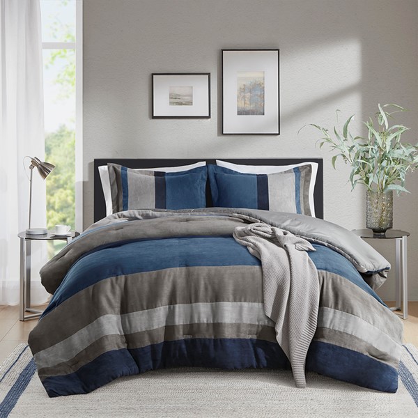 AM10-0026 Highland Stripe Pieced Faux Suede Comforter Set, Blue - Full & Queen Size