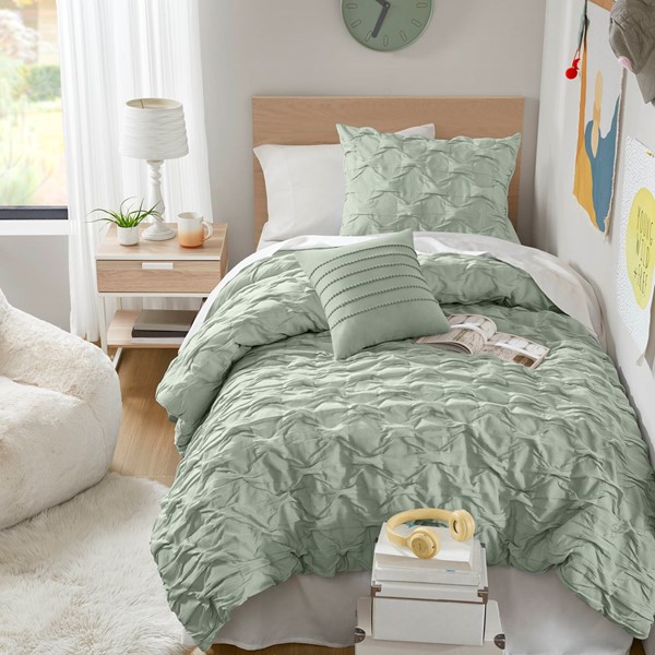 AM10-0164 Bailey Diamond Pintuck Pleated Woven Comforter Set, Green - Twin & Twin Extra Large Size