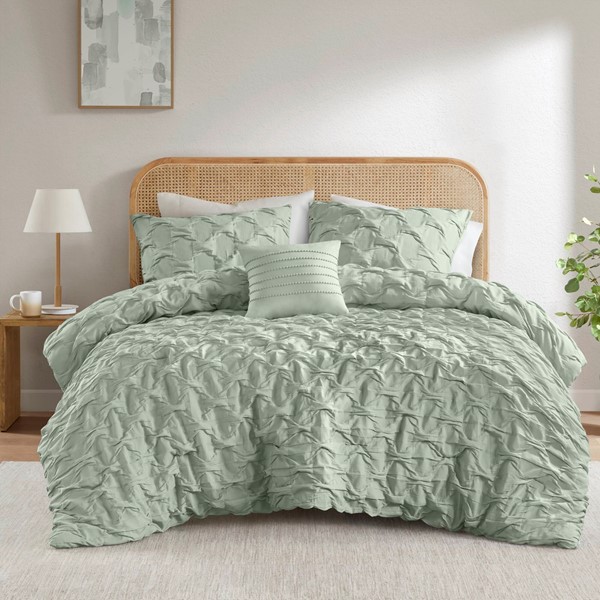 AM10-0165 Bailey Diamond Pintuck Pleated Woven Comforter Set, Green - Full & Queen Size