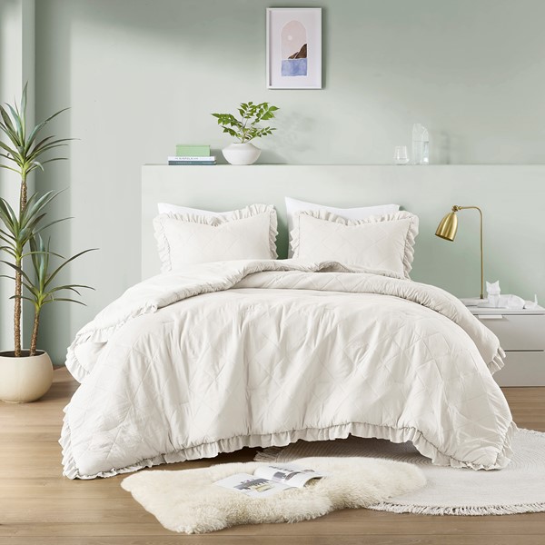 AM10-0195 Hannah Diamond Quilted Ruffle Edge Comforter Set, Ivory - Full & Queen Size