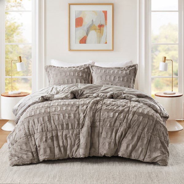 MP10-8542 Gia Faux Fur Comforter Mini Set, Gray - Full & Queen Size