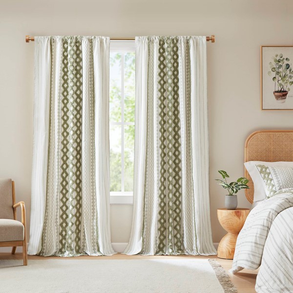 INK & IVY II40-1351 Imani Cotton Printed Curtain Panel with Chenille Stripe & Lining, Green - 50 x 95 in.