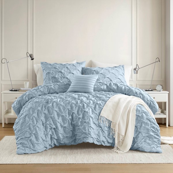 AM10-0537 Bailey Diamond Pintuck Pleated Woven Comforter Set, Blue - King Size & California King