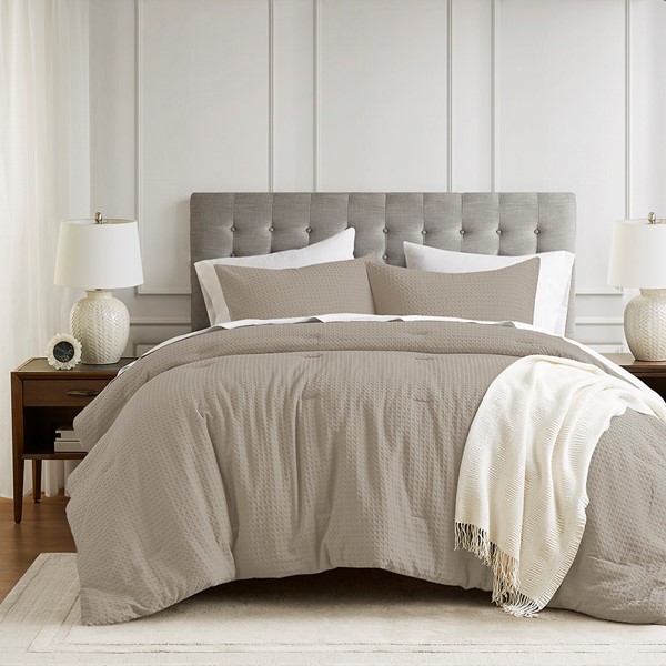 AM10-0016 Aera Waffle Weave Textured Comforter Set, Neutral - Twin & Twin Extra Large Size