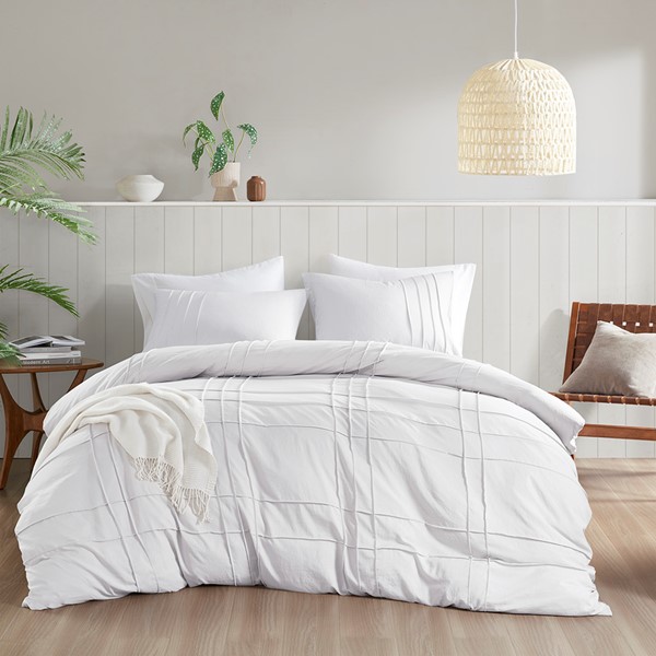 AM12-0040 Walker Soft Washed Pleated Duvet Cover Set, White - Twin & Twin Extra Large Size