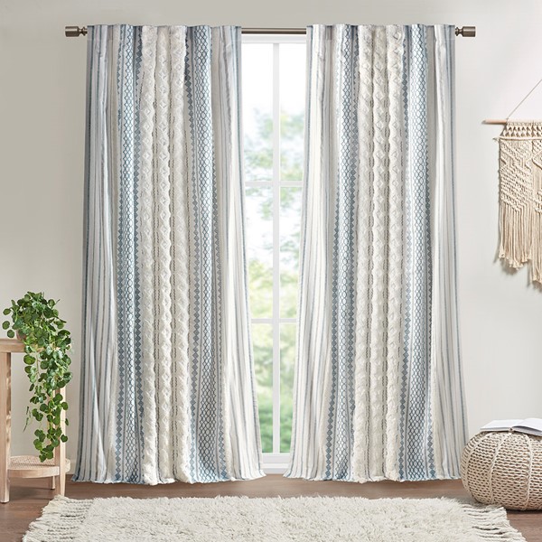 INK & IVY II40-1344 Imani Cotton Printed Curtain Panel with Chenille Stripe & Lining, White & Navy - 50 x 108 in.