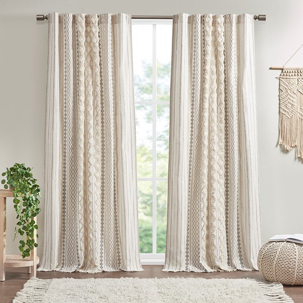 INK & IVY II40-1345 Imani Cotton Printed Curtain Panel with Chenille Stripe & Lining, Ivory - 50 x 108 in.