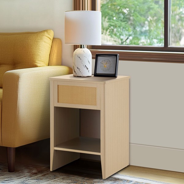 Picture of 510 Design FUR120-0056 Rattan Accent Side Table with Drawer Storage & Lower Open Shelf&#44; Natural - 15.75 x 15 x 23.75 in.