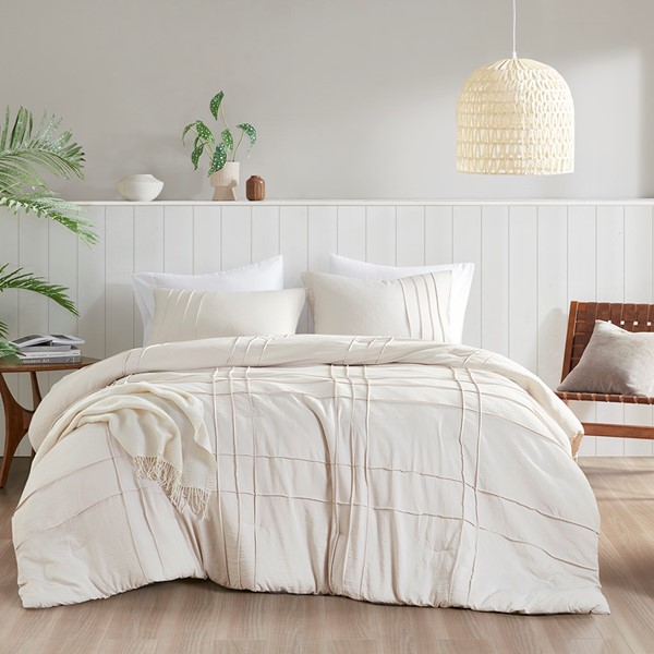 AM10-0005 Walker Soft Washed Pleated Comforter Set, Neutral - Queen Size