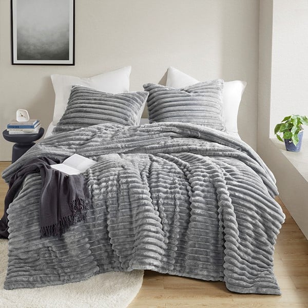AM10-0277 Ombak Fluffy Ribbed Plush Comforter Set, Gray - Twin & Twin Extra Large Size