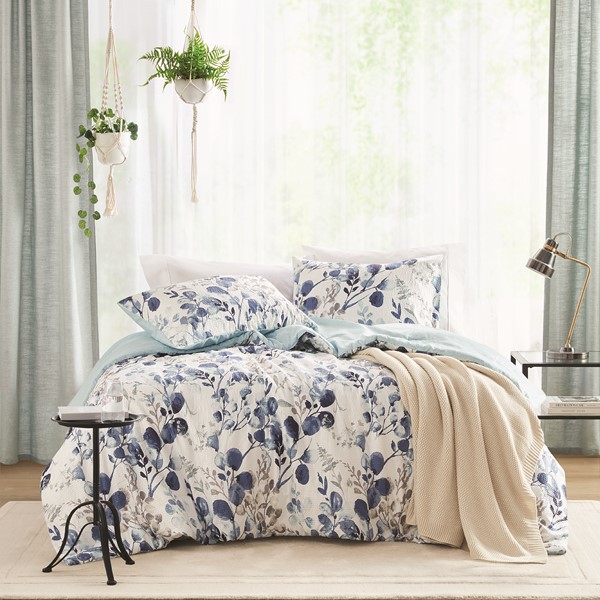 AM10-0122 Julie Reversible Floral Botanical Seersucker Comforter Set, Navy & Blue - Twin Size & Twin Extra Large