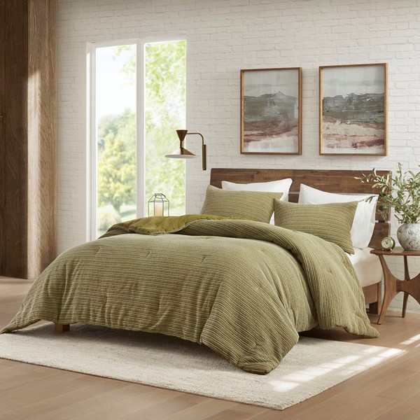 WR10-4039 Lyon Waffle Washed Comforter Set, Green - King Size & California King