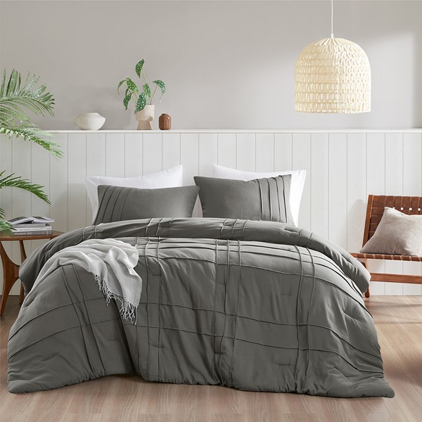 AM10-0001 Walker Soft Washed Pleated Comforter Set, Gray - Twin & Twin Extra Large Size