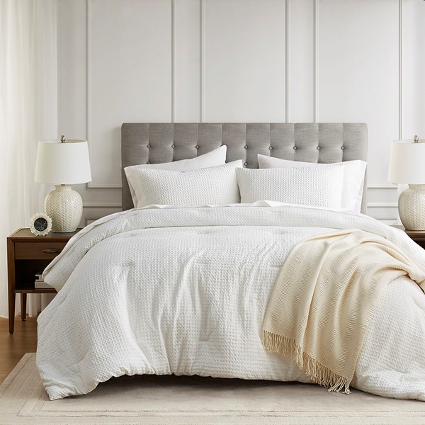 AM10-0022 Aera Waffle Weave Textured Comforter Set, White - Twin & Twin Extra Large Size