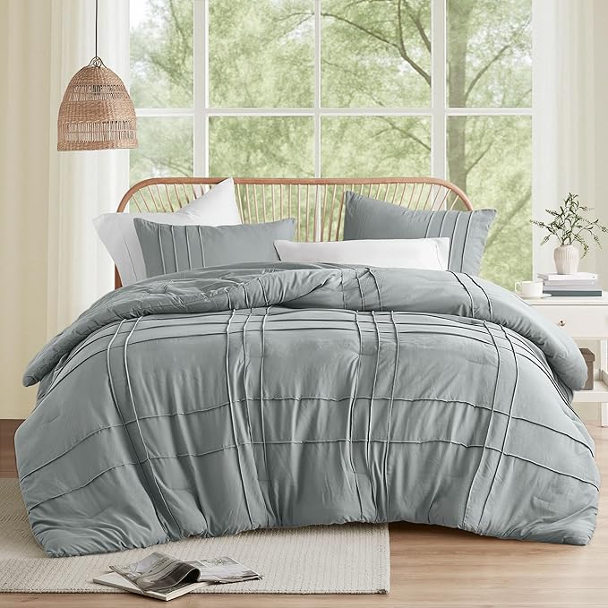 AM10-0140 Soft Washed Pleated Comforter Set, Blue & Gray - Twin Size & Twin Extra Large