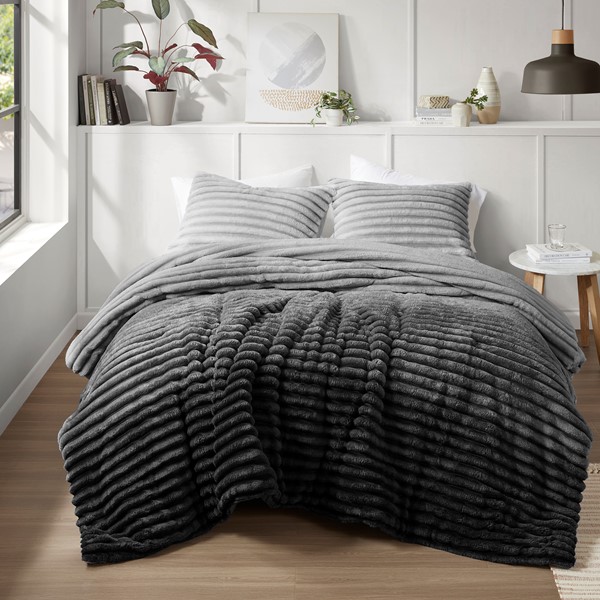 AM10-0381 Ombak Fluffy Ribbed Plush Comforter Set, Gray Ombre - Full & Queen Size