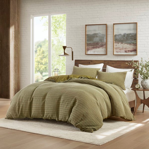 WR12-4040 Lyon Waffle Washed Duvet Set, Green - Full & Queen Size