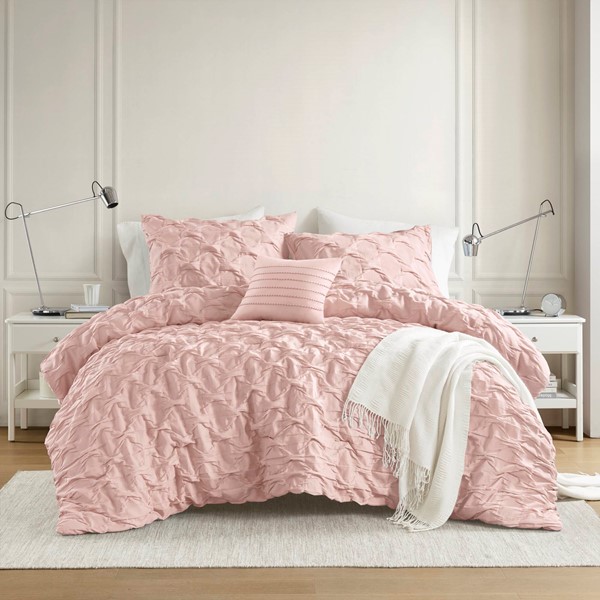AM10-0534 Bailey Diamond Pintuck Pleated Woven Comforter Set, Pink - King Size & California King