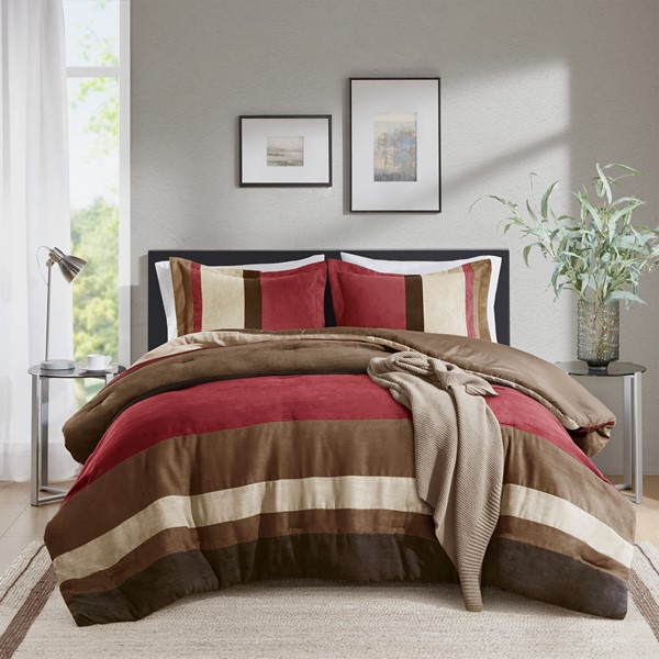 AM10-0291 Highland Stripe Pieced Faux Suede Comforter Set, Brick - Full & Queen Size