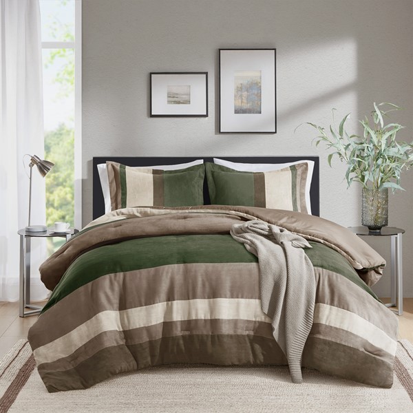 AM10-0297 Highland Stripe Pieced Faux Suede Comforter Set, Green - Full & Queen Size