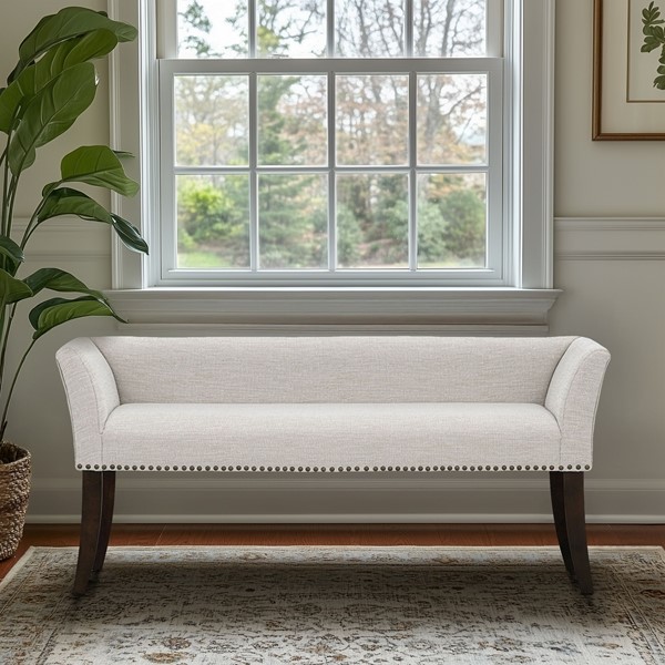 Picture of Madison Park MP105-1272 Upholstered Bench with Back & Wood Legs&#44; Cream - 49.5 in.