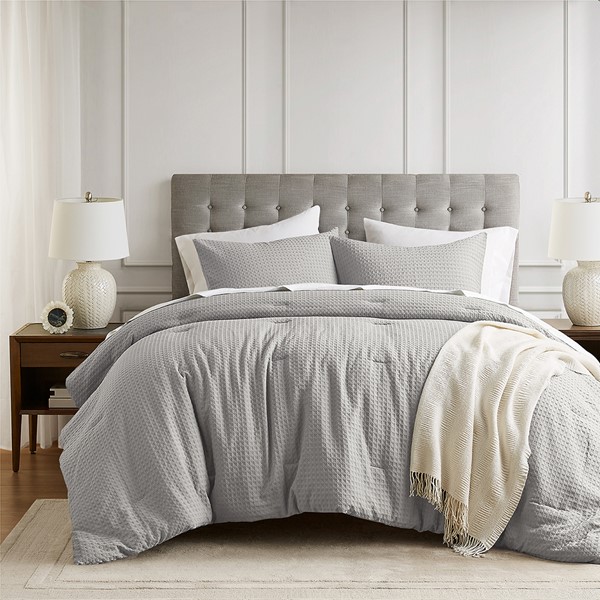AM10-0012 Aera Waffle Weave Textured Comforter Set, Light Gray - King Size & California King