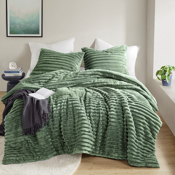 AM10-0280 Ombak Fluffy Ribbed Plush Comforter Set, Green - Twin & Twin Extra Large Size