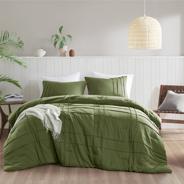 AM10-0402 Walker Soft Washed Pleated Comforter Set, Olive Green - Queen Size