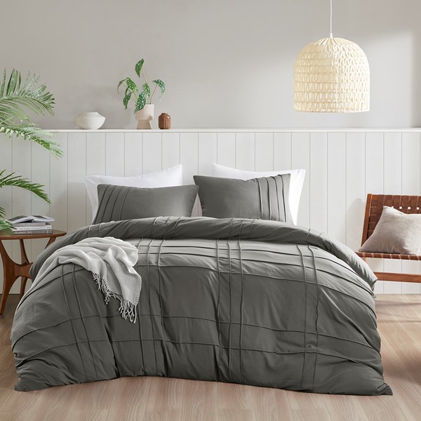 AM12-0422 Walker Soft Washed Pleated Duvet Cover Set, Gray - Full Size