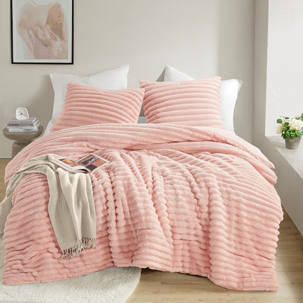 AM10-0275 Ombak Fluffy Ribbed Plush Comforter Set, Pink - Full & Queen Size