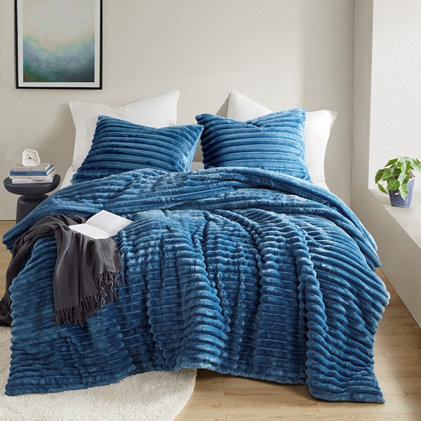 AM10-0283 Ombak Fluffy Ribbed Plush Comforter Set, Blue - Twin & Twin Extra Large Size