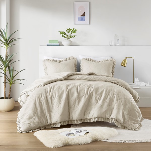 AM10-0191 Hannah Diamond Quilted Ruffle Edge Comforter Set, Neutral - Twin & Twin Extra Large Size