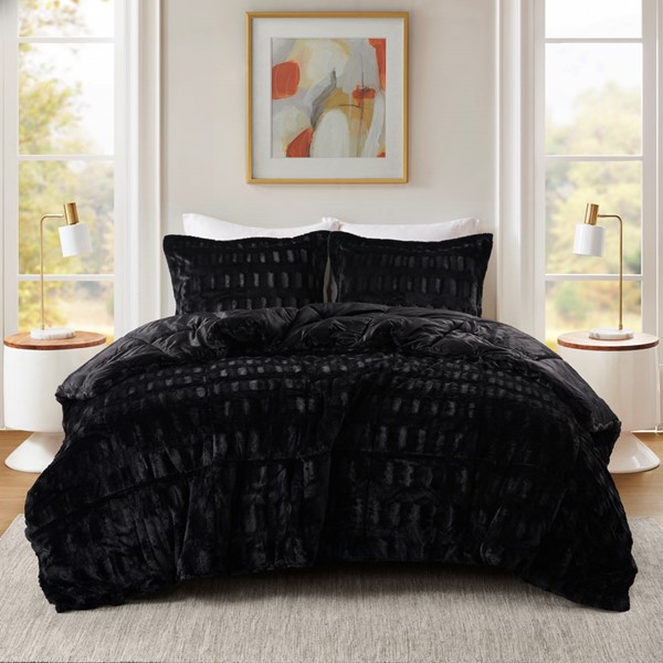 MP10-8544 Gia Faux Fur Comforter Mini Set, Black - Twin & Twin Extra Large Size