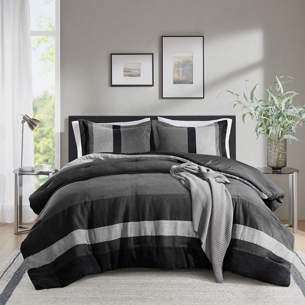AM10-0030 Highland Stripe Pieced Faux Suede Comforter Set, Black - King Size & California King
