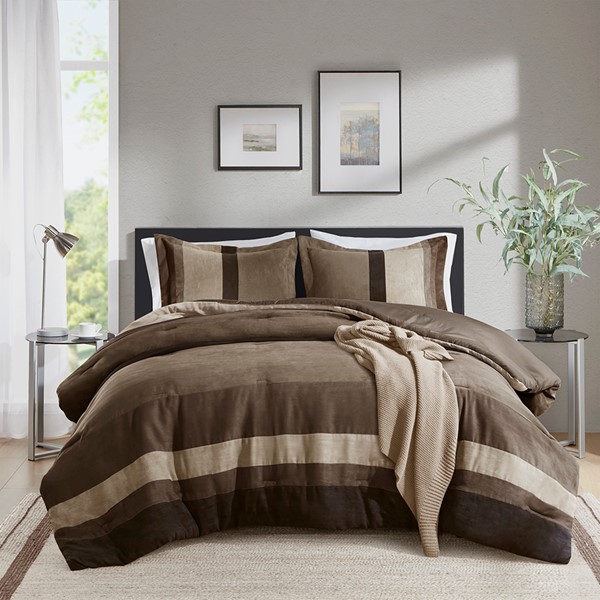 AM10-0032 Highland Stripe Pieced Faux Suede Comforter Set, Brown - Full & Queen Size