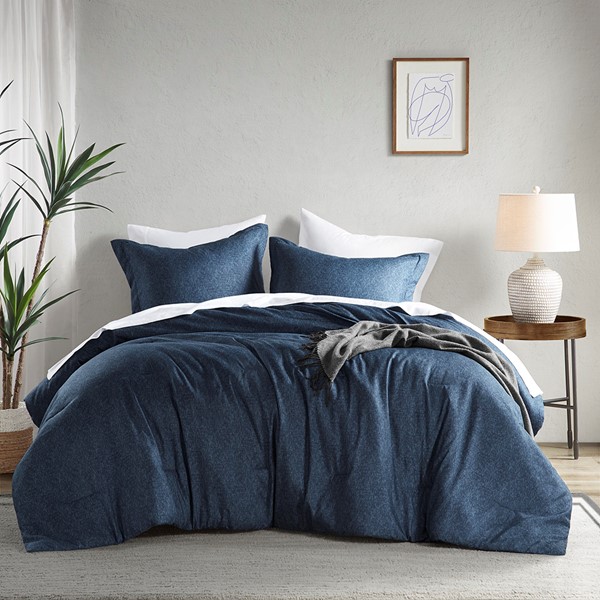 AM10-0067 Leighton Chambray Print Solid Comforter Set, Navy - Twin & Twin Extra Large Size