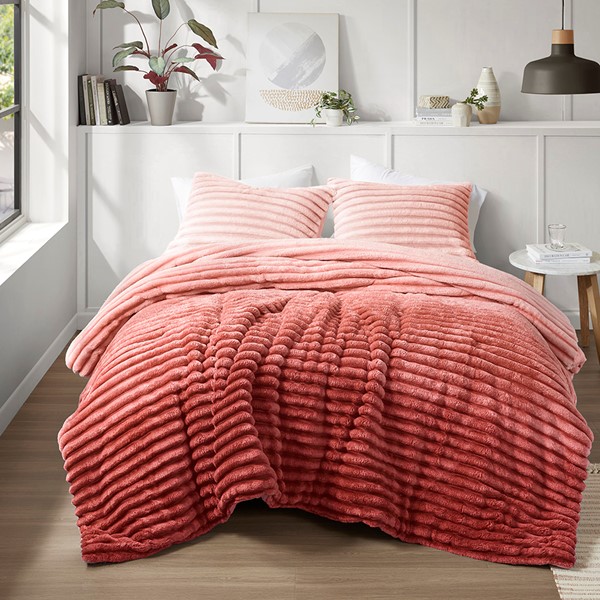 AM10-0378 Ombak Fluffy Ribbed Plush Comforter Set, Blush Ombre - Full & Queen Size