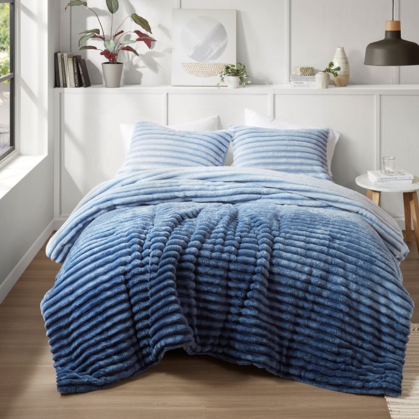 AM10-0384 Ombak Fluffy Ribbed Plush Comforter Set, Blue Ombre - Full & Queen Size