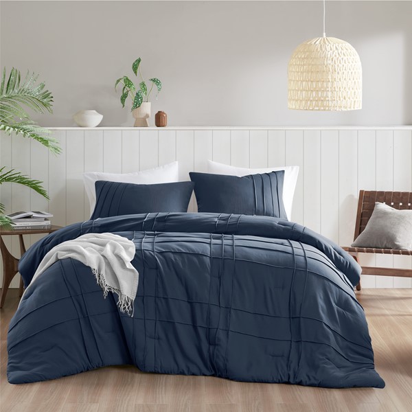 AM10-0457 Walker Soft Washed Pleated Comforter Set, Navy - California King Size