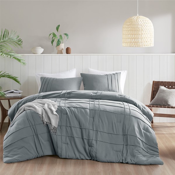 AM10-0465 Walker Soft Washed Pleated Comforter Set, Blue & Gray - California King Size