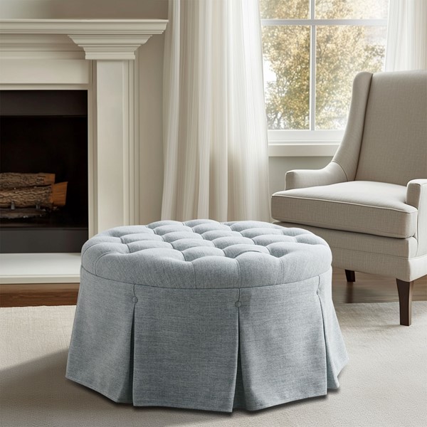 MT101-0179 Terri Skirted Tufted Round Ottoman, Light Blue - 32 in.