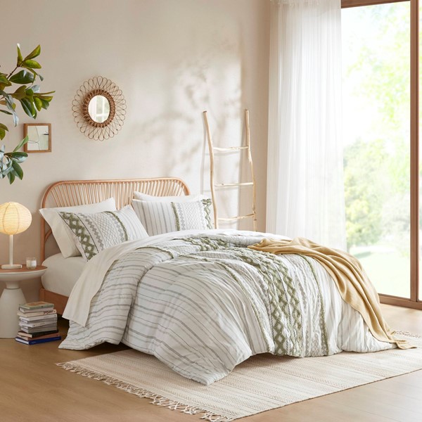 INK & IVY II10-1347 Imani Cotton Printed Comforter Set with Chenille, Sage & Ivory - King Size & California King