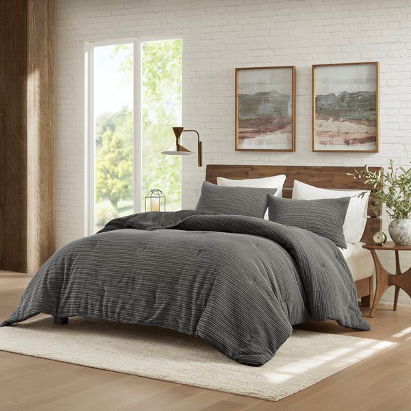 WR10-4042 Lyon Waffle Washed Comforter Set, Charcoal - Full & Queen Size